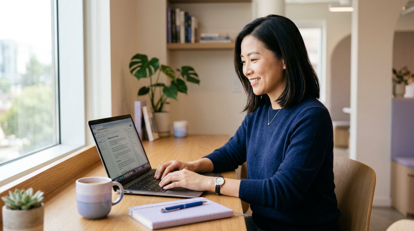 Sarah Chen working on content at a laptop in a bright workspace